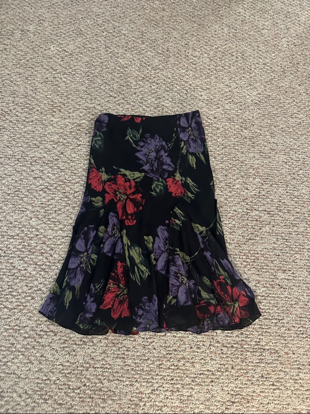 Floral A-Line Midi Skirt in Black with Red & Purple Blooms